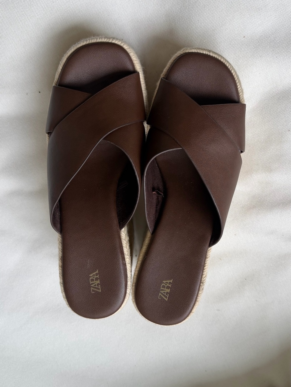 Zara Brown Cross‑Strap Espadrille Sandals with Rope Sole